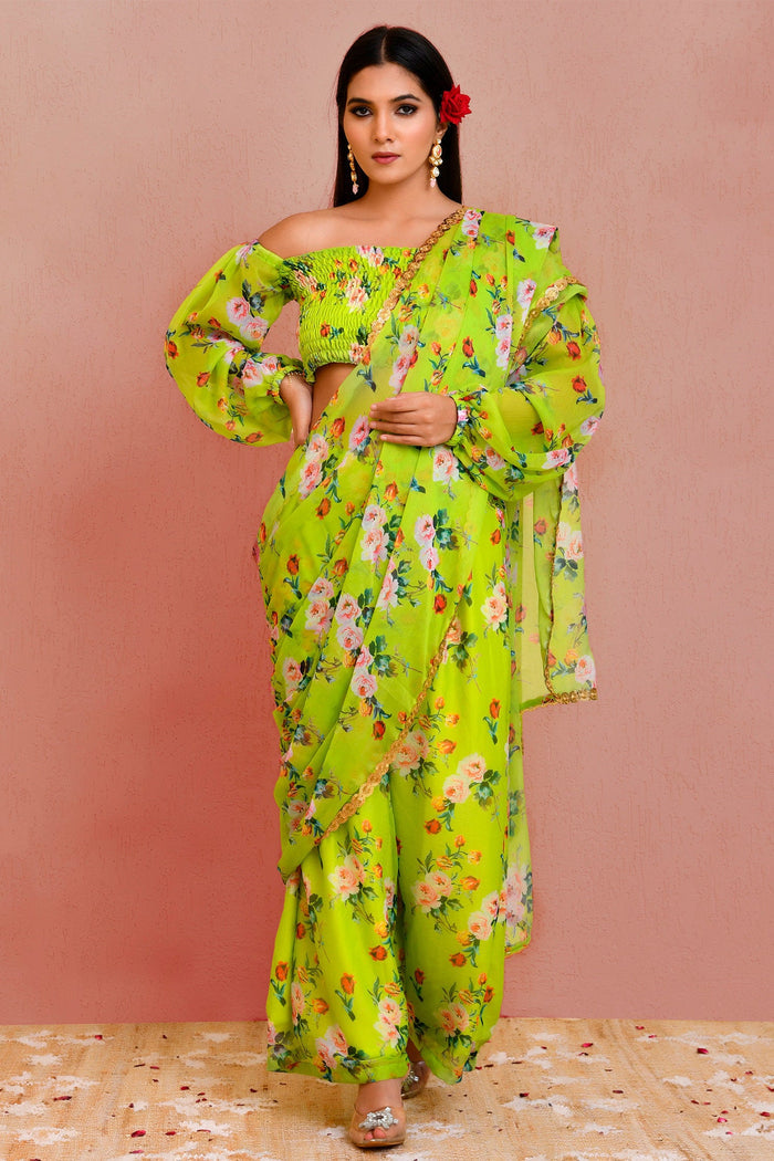 <img> Green Georgette Ready-Made Saree With Floral Prints