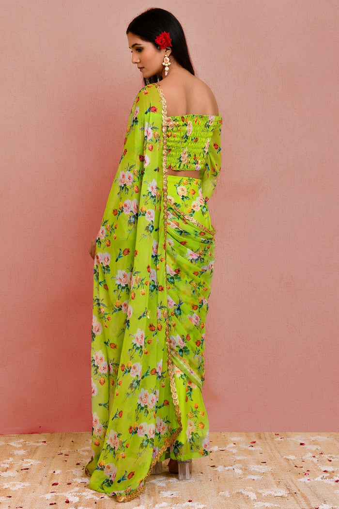 <img> Green Georgette Ready-Made Saree With Floral Prints