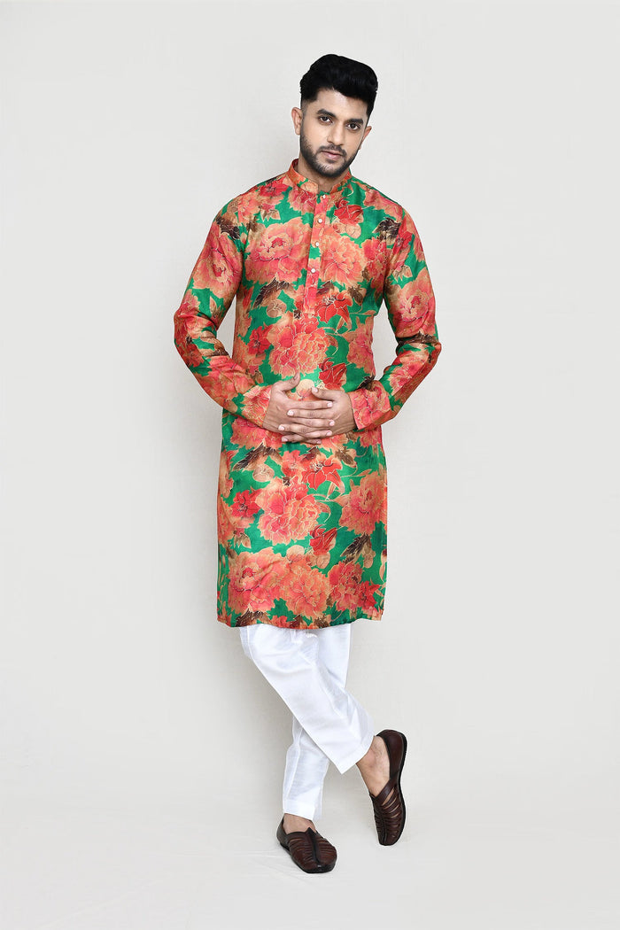 Green Silk Floral Printed Kurta Set