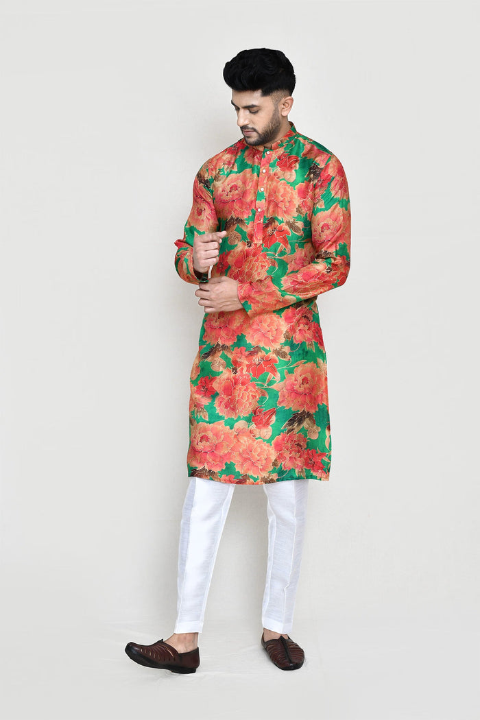Green Silk Floral Printed Kurta Set