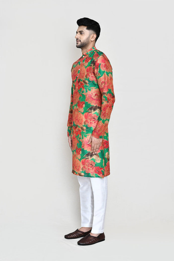 Green Silk Floral Printed Kurta Set