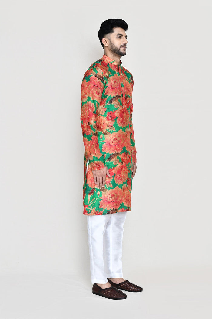Green Silk Floral Printed Kurta Set