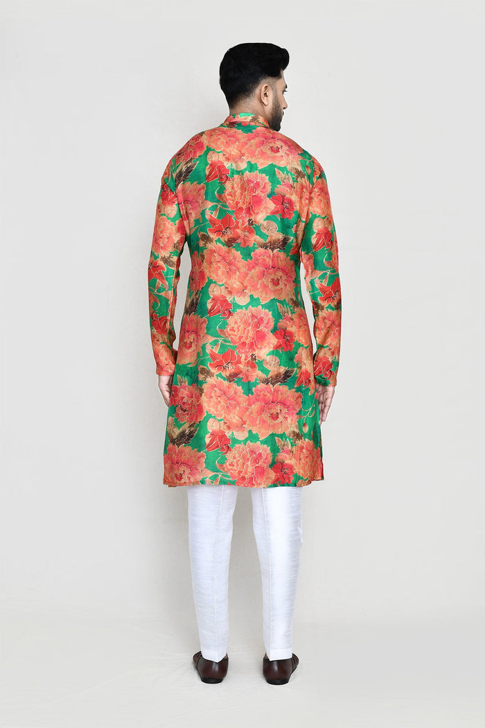 Green Silk Floral Printed Kurta Set