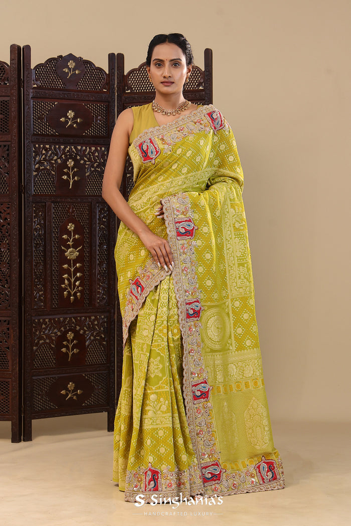 Greenish Brown Tissue Saree With Bandhani Work