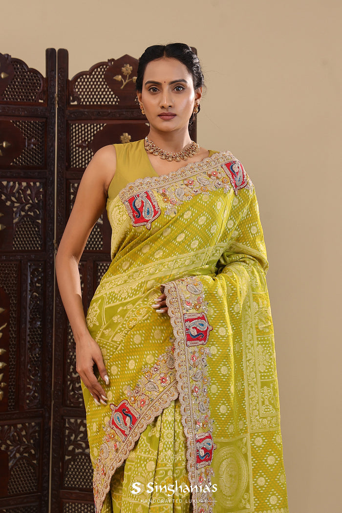 Greenish Brown Tissue Saree With Bandhani Work