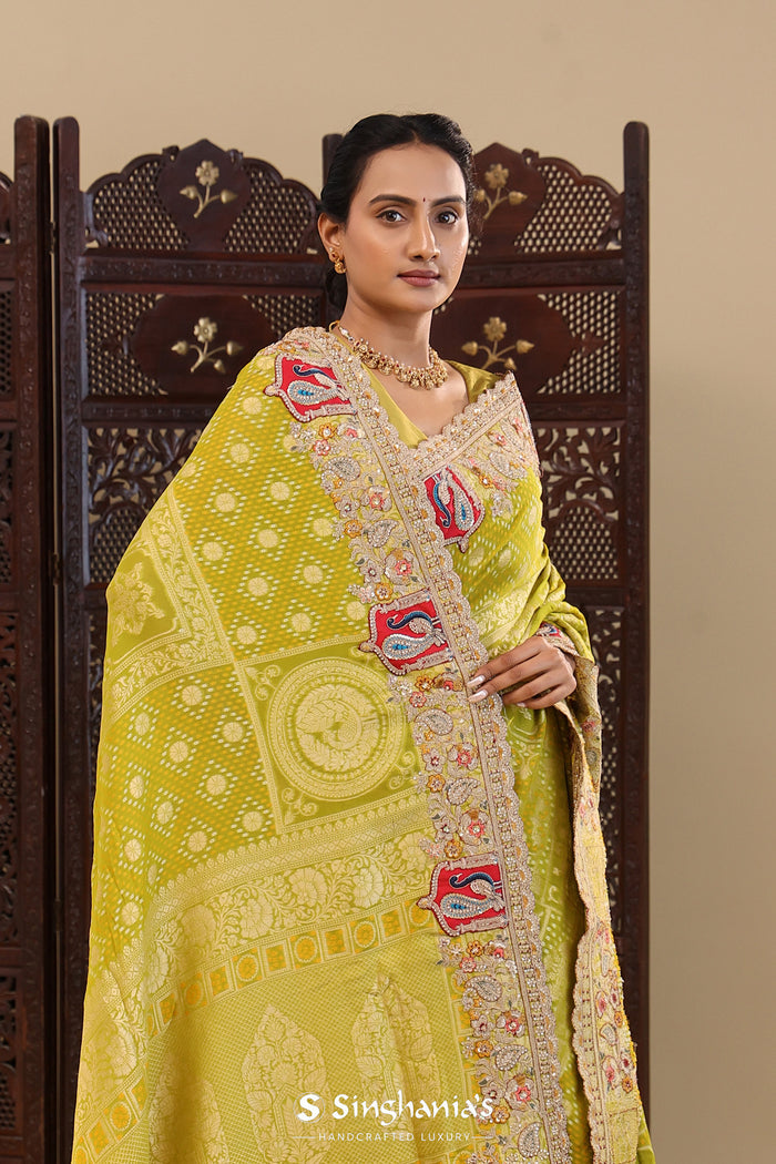 Greenish Brown Tissue Saree With Bandhani Work