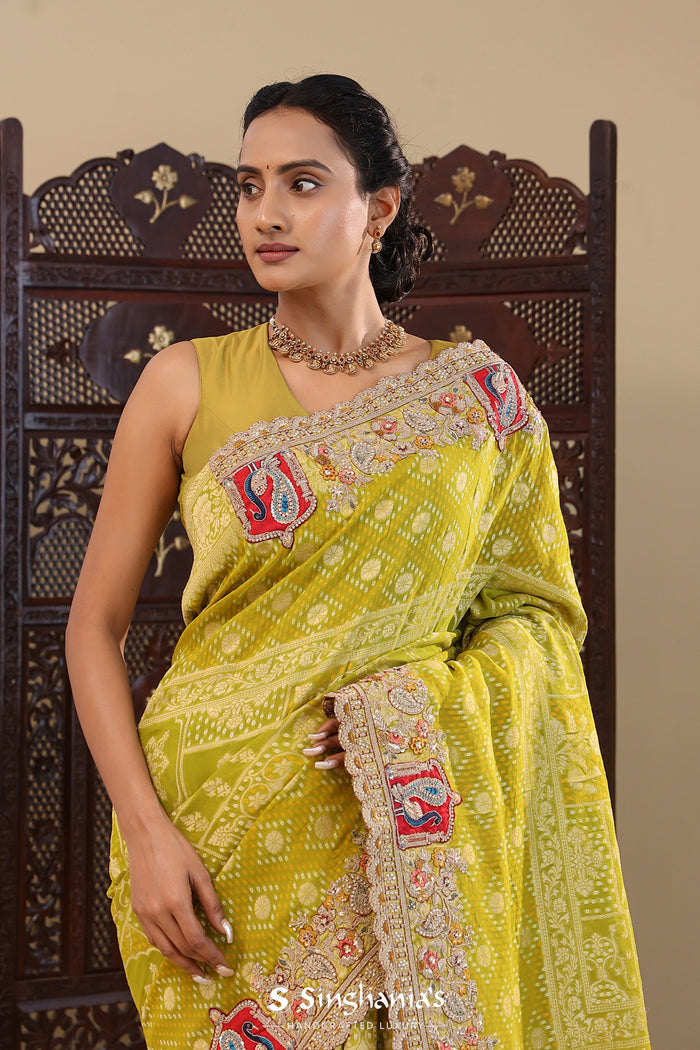 Greenish Brown Tissue Saree With Bandhani Work