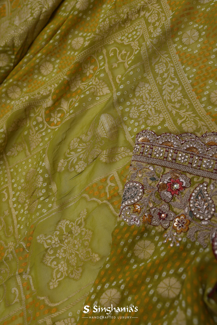 Greenish Brown Tissue Saree With Bandhani Work