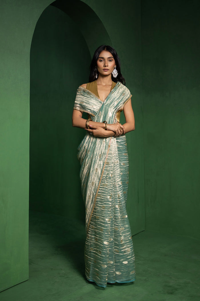 Greenish Gray Silk Tissue Saree With Fancy Border