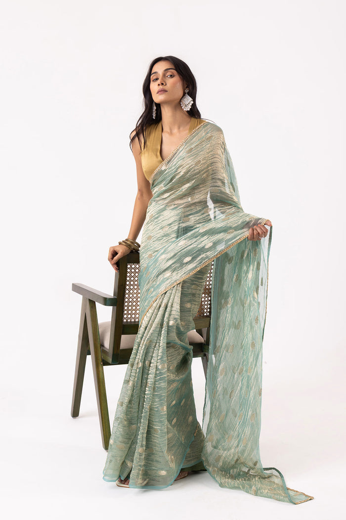Greenish Gray Silk Tissue Saree With Fancy Border
