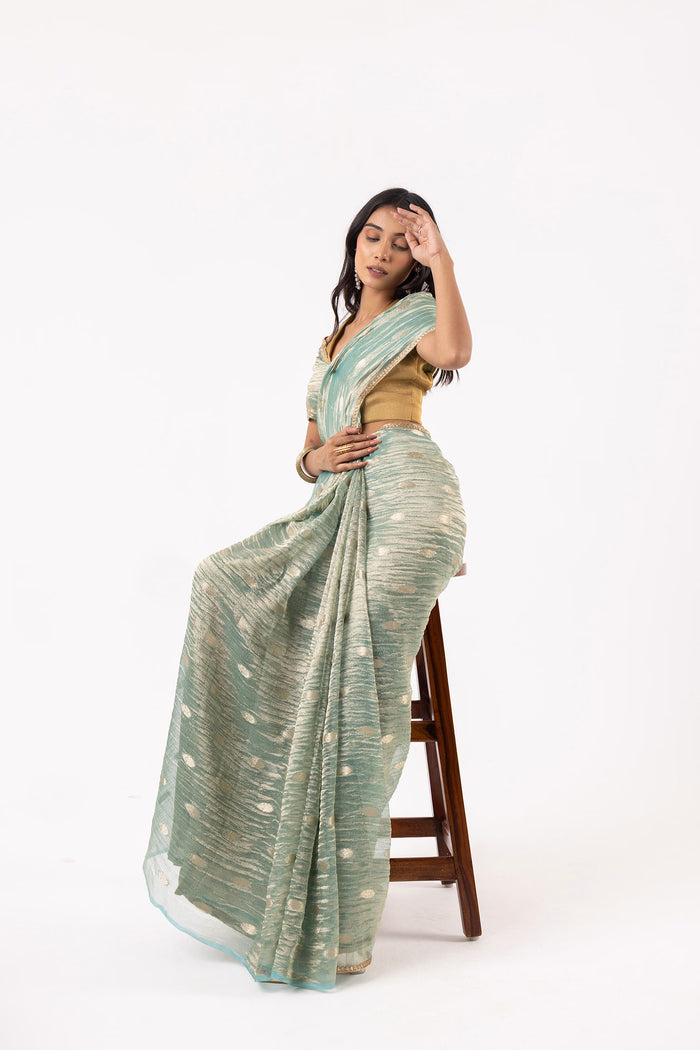 Greenish Gray Silk Tissue Saree With Fancy Border