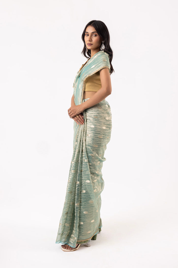 Greenish Gray Silk Tissue Saree With Fancy Border