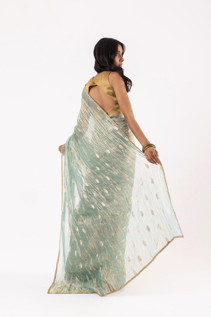 Greenish Gray Silk Tissue Saree With Fancy Border