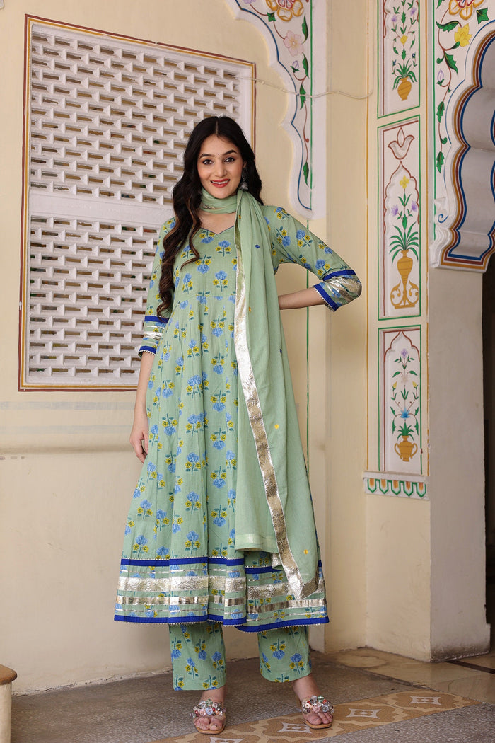 <img> Greenish Grey Cotton Anarkali Set