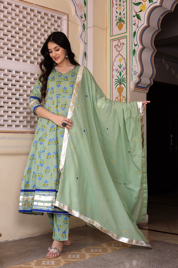 <img> Greenish Grey Cotton Anarkali Set
