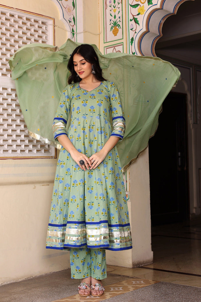 <img> Greenish Grey Cotton Anarkali Set