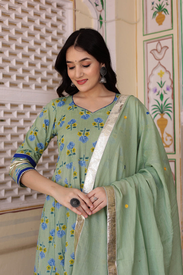<img> Greenish Grey Cotton Anarkali Set