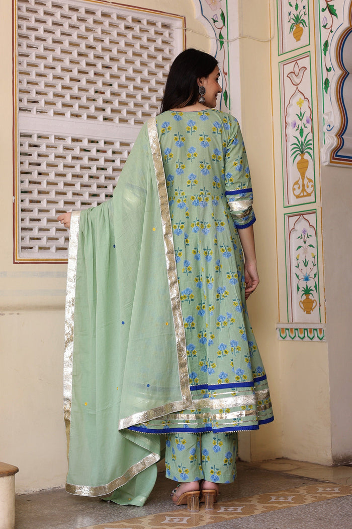 <img> Greenish Grey Cotton Anarkali Set