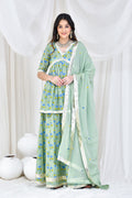 Greenish Grey Cotton Kurta Skirt Set