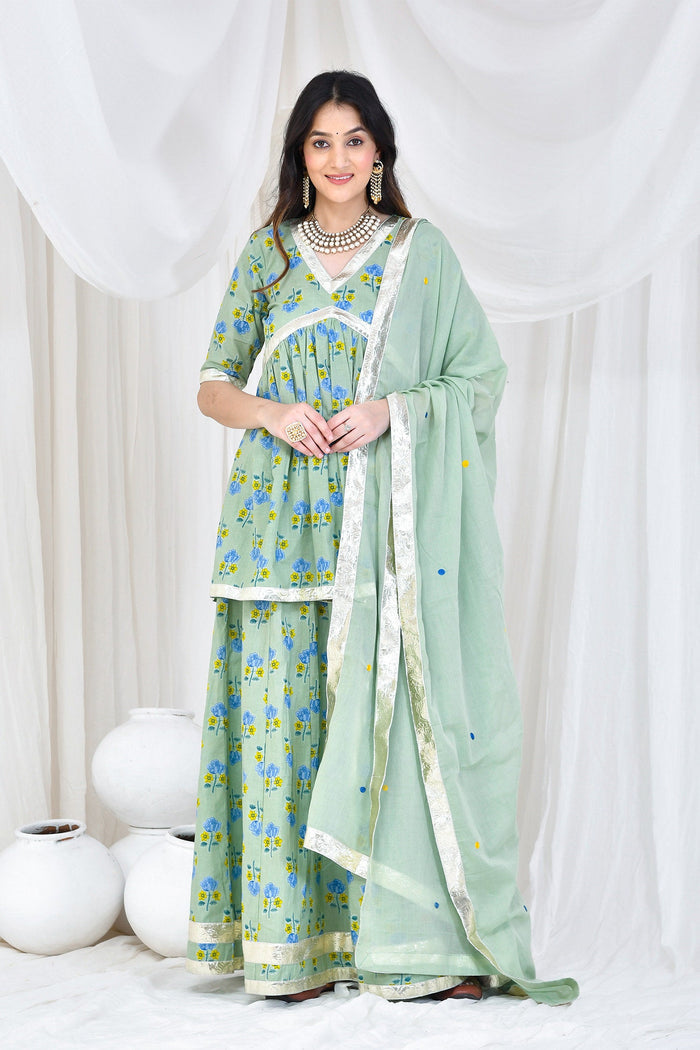 Greenish Grey Cotton Kurta Skirt Set