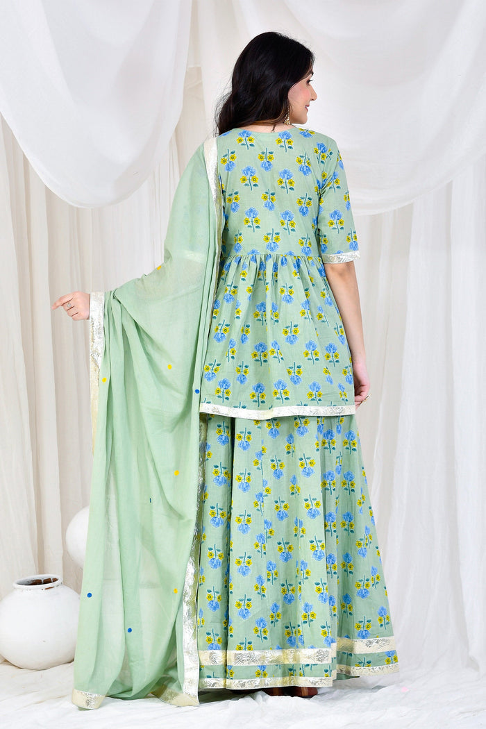 Greenish Grey Cotton Kurta Skirt Set