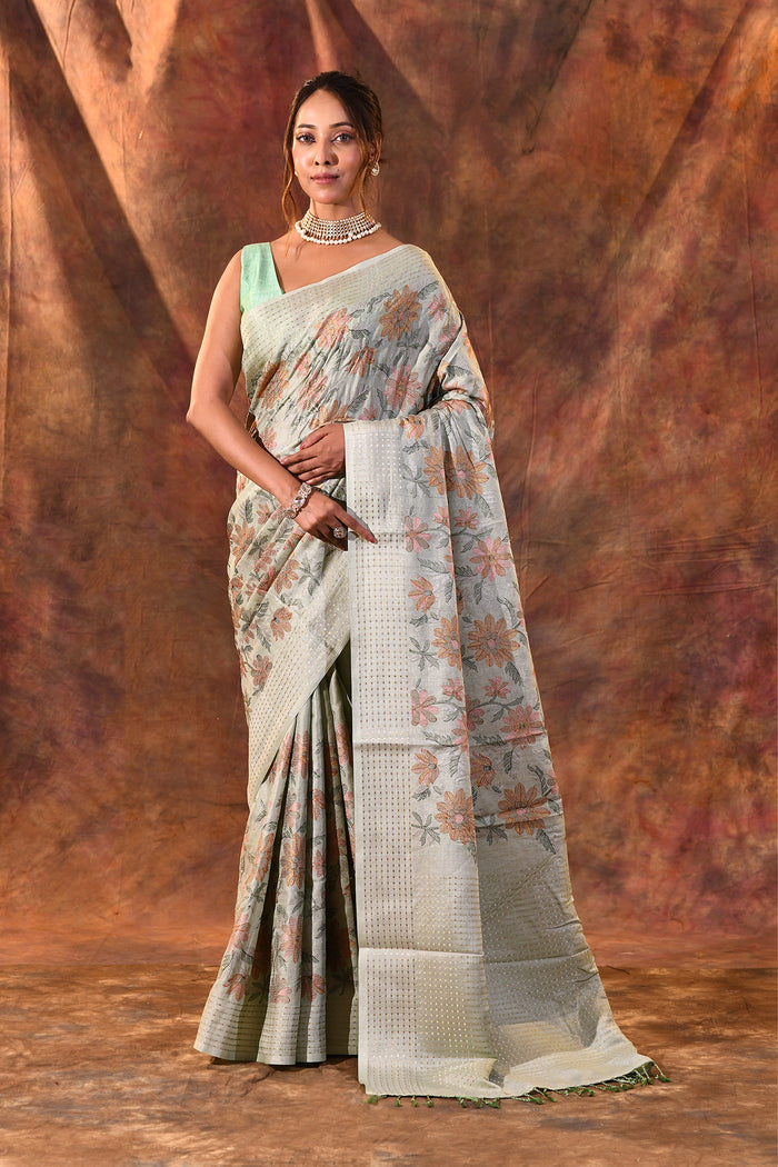Greenish Grey Embroidered Silk Blend Saree