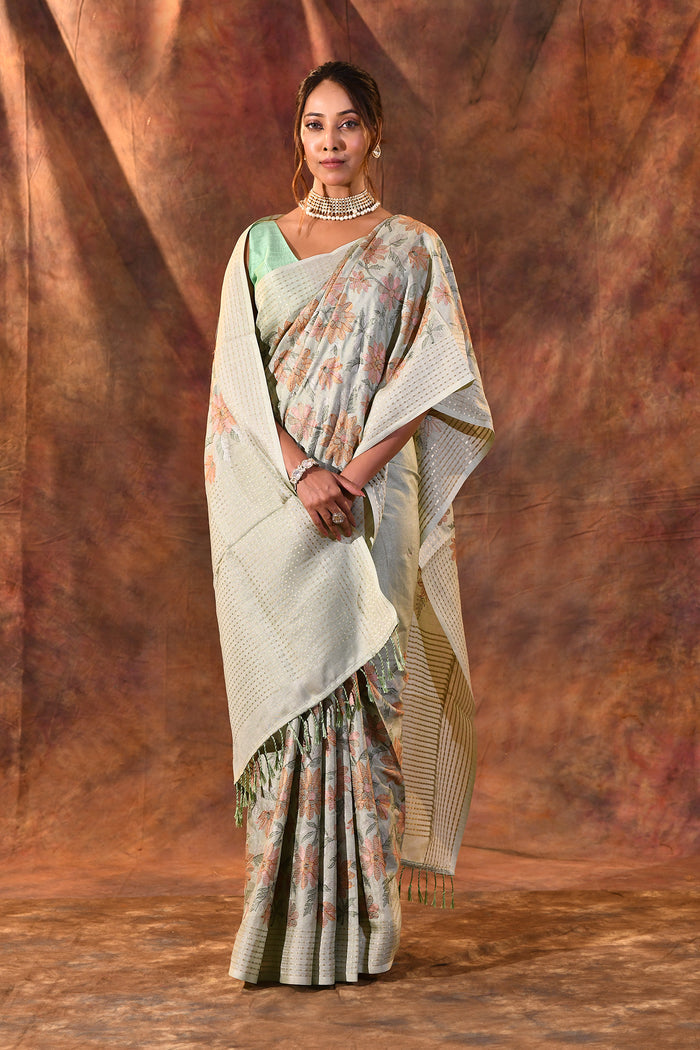 Greenish Grey Embroidered Silk Blend Saree