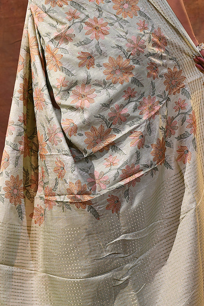 Greenish Grey Embroidered Silk Blend Saree