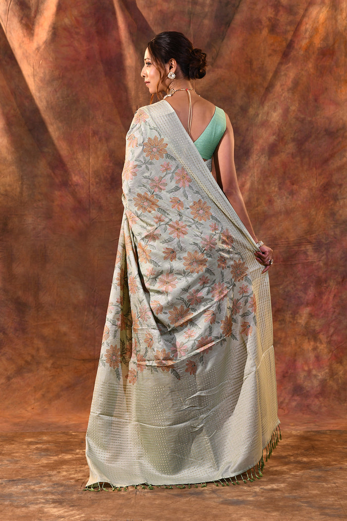 Greenish Grey Embroidered Silk Blend Saree