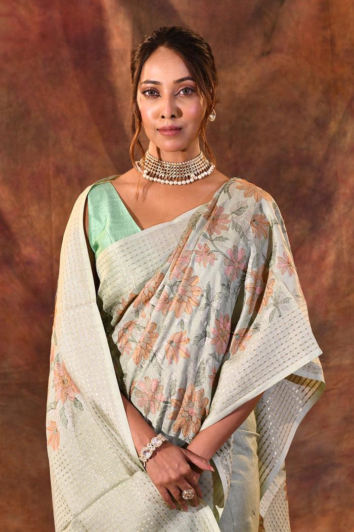 Greenish Grey Embroidered Silk Blend Saree