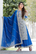 Grey And Blue Floral Printed Cotton Palazzo And Kurta Set