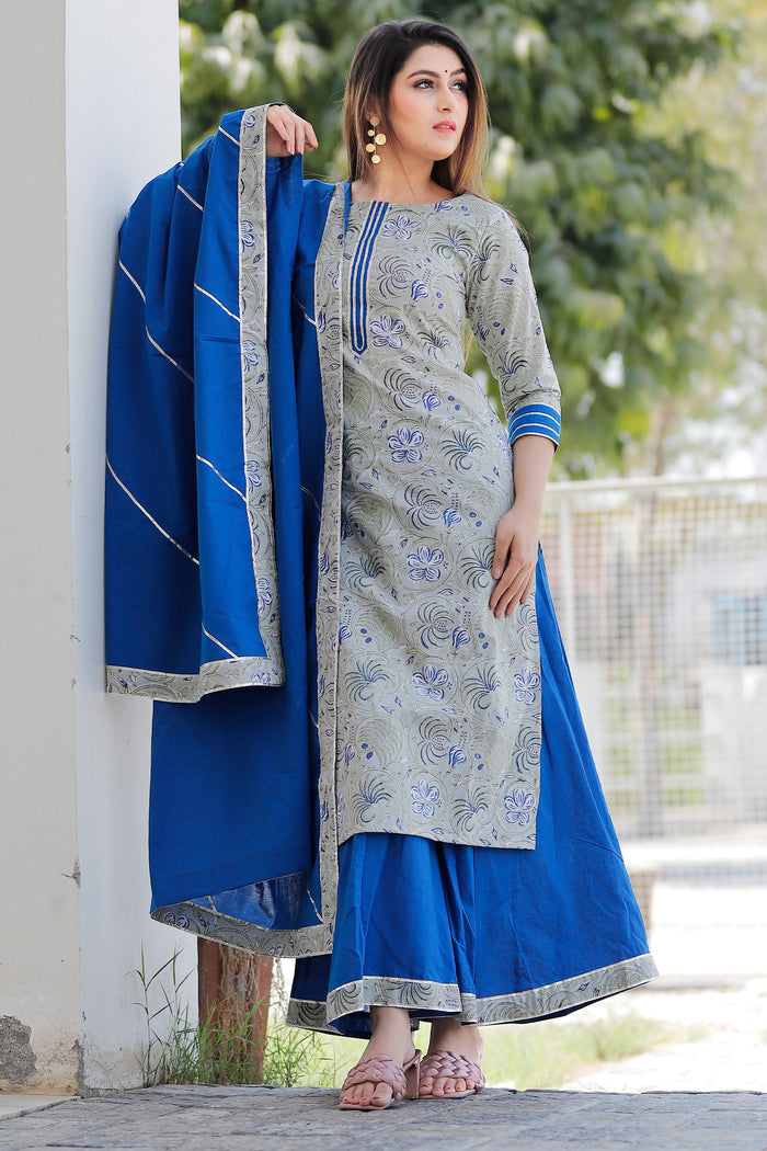 Grey And Blue Floral Printed Cotton Palazzo And Kurta Set