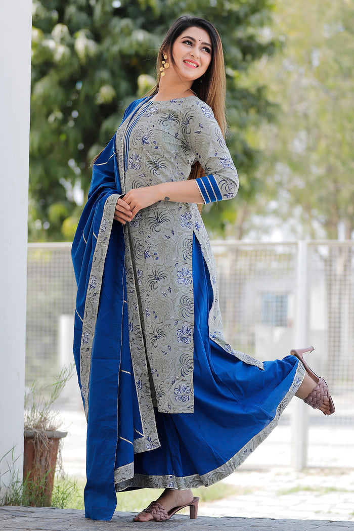 Grey And Blue Floral Printed Cotton Palazzo And Kurta Set