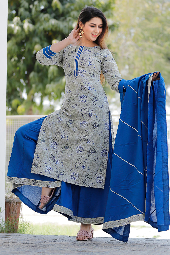 Grey And Blue Floral Printed Cotton Palazzo And Kurta Set