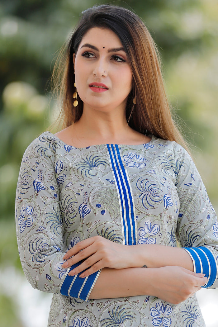 Grey And Blue Floral Printed Cotton Palazzo And Kurta Set