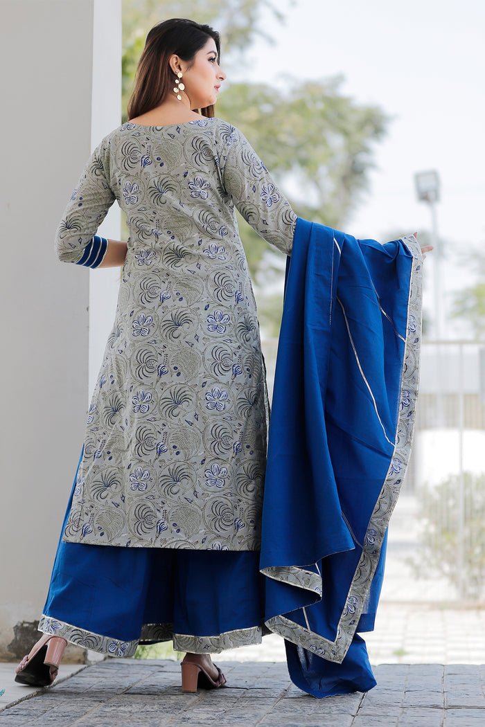 Grey And Blue Floral Printed Cotton Palazzo And Kurta Set