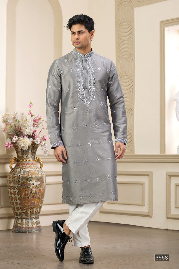 Grey Art Banarasi Silk Kurta Pajama