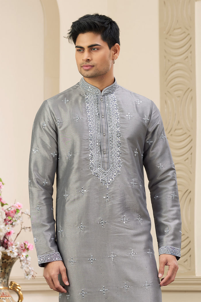 Grey Art Banarasi Silk Kurta Pajama