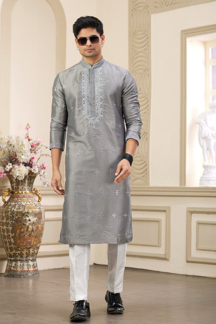 Grey Art Banarasi Silk Kurta