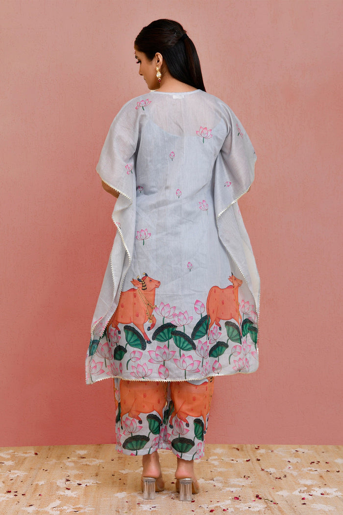Grey Chanderi Silk Kurta Set With Lotus Prints