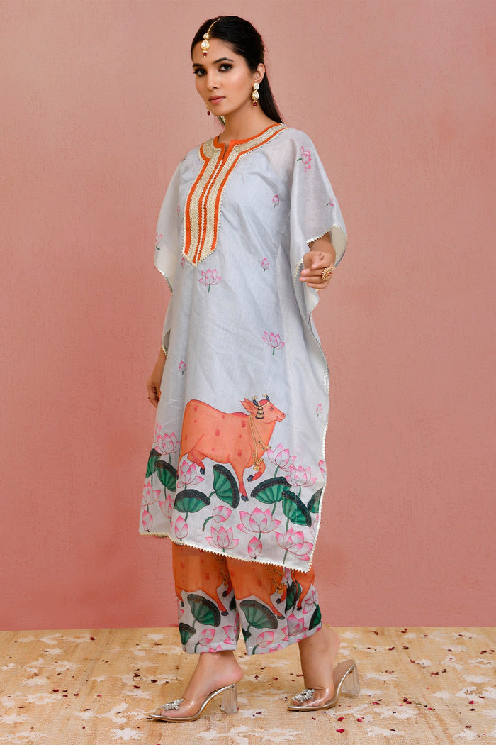 Grey Chanderi Silk Kurta Set With Lotus Prints