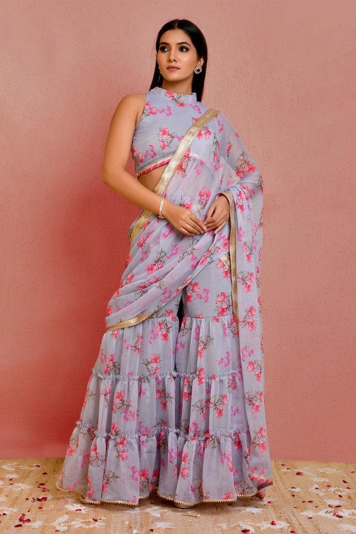 Grey Chiffon Ready-Made Saree With Floral Prints