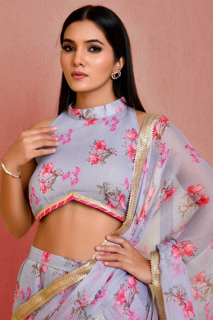 Grey Chiffon Ready-Made Saree With Floral Prints
