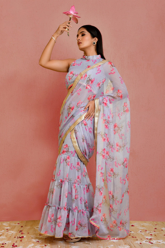 Grey Chiffon Ready-Made Saree With Floral Prints
