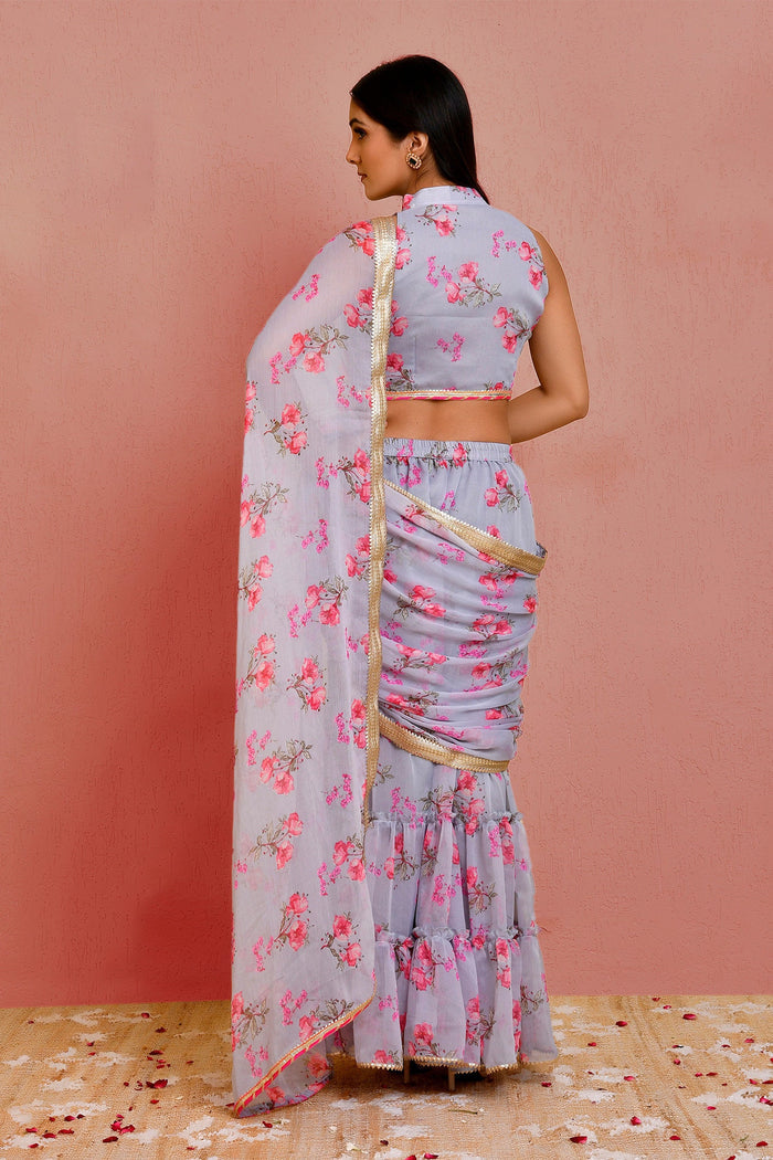 Grey Chiffon Ready-Made Saree With Floral Prints