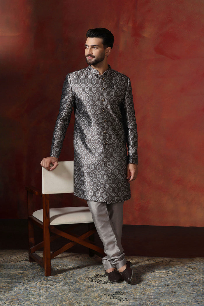 Grey Cotton Blend Printed Sherwani Set
