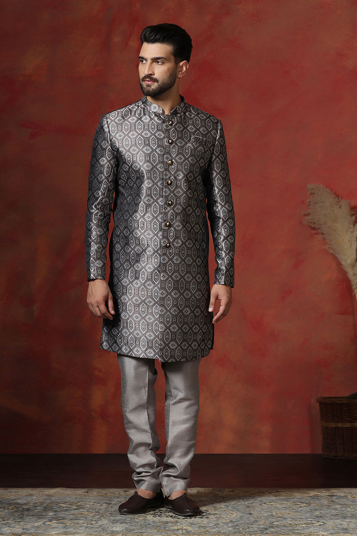Grey Cotton Blend Printed Sherwani Set