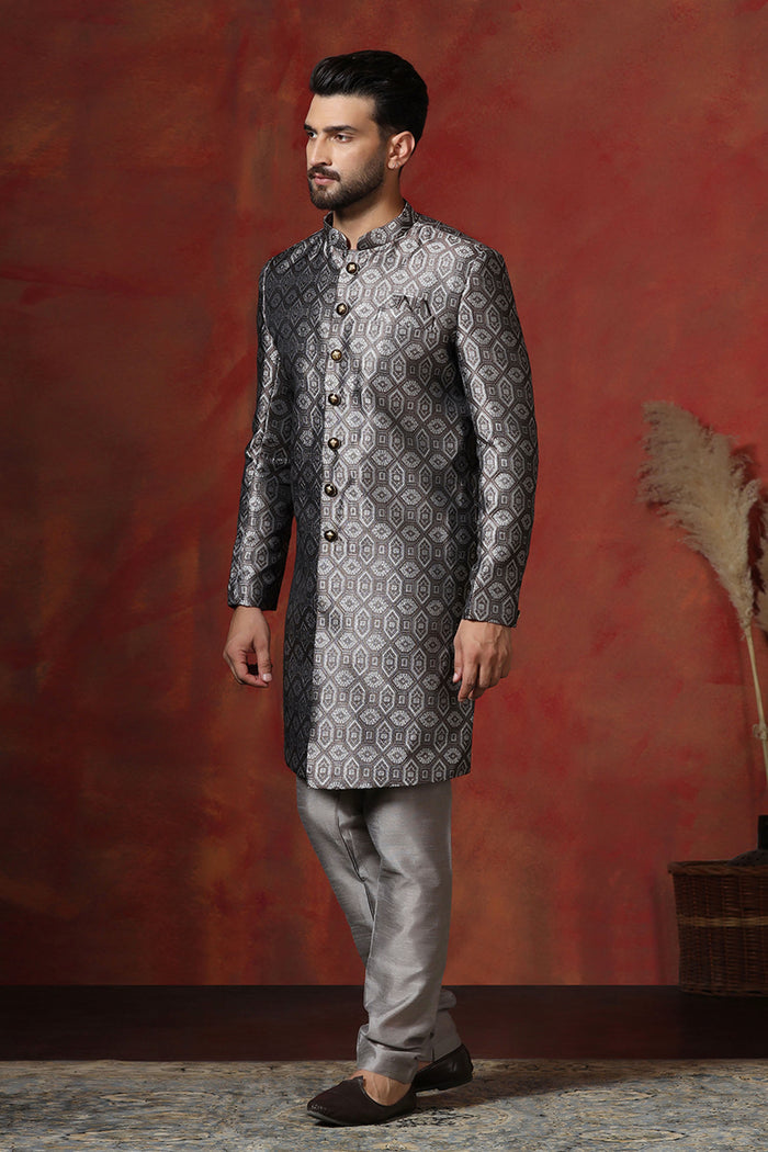 Grey Cotton Blend Printed Sherwani Set