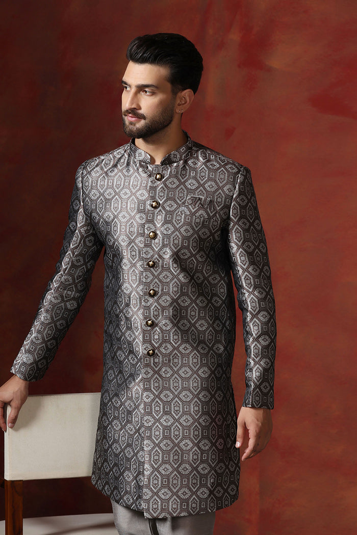 Grey Cotton Blend Printed Sherwani Set