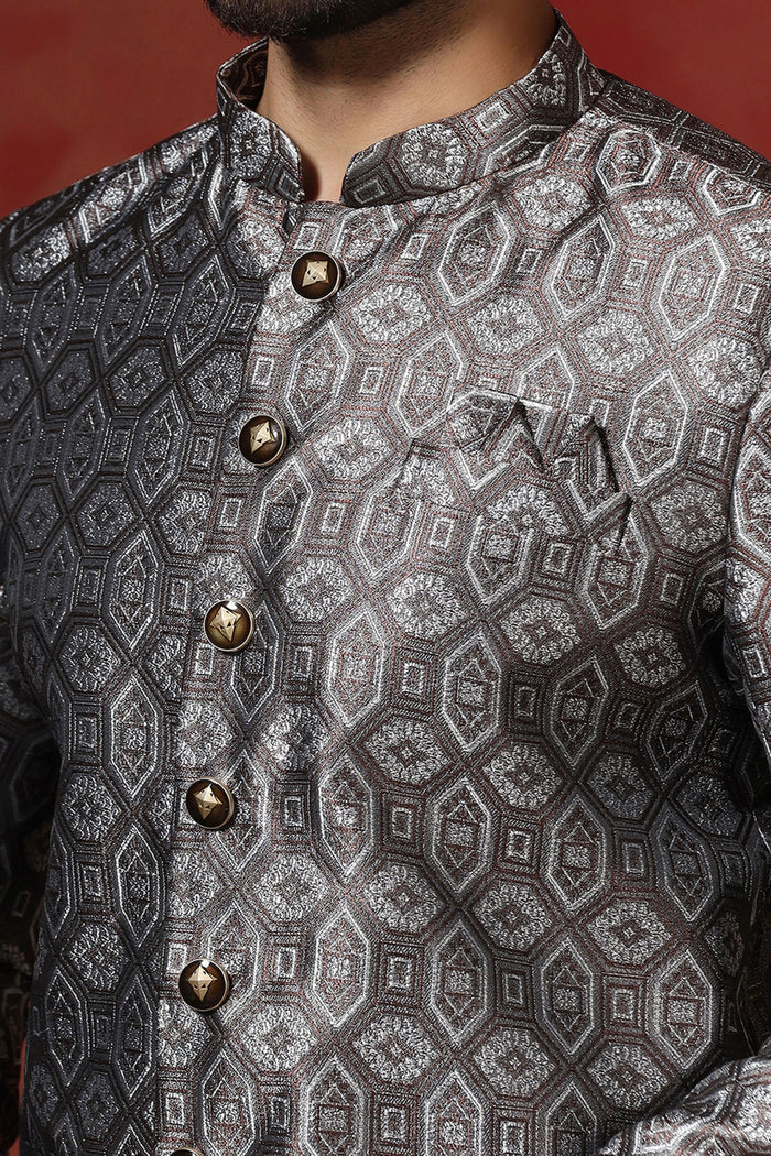 Grey Cotton Blend Printed Sherwani Set